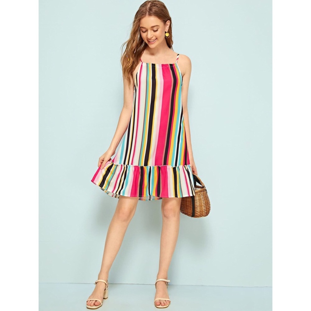 Tropical Colorful Striped Ruffle Ham Cami Dress - Picture 3 of 6